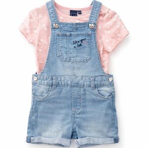 H&M Baby Denim Overall Shorts + Floral Tee 18-24M Cute Summer Outfit